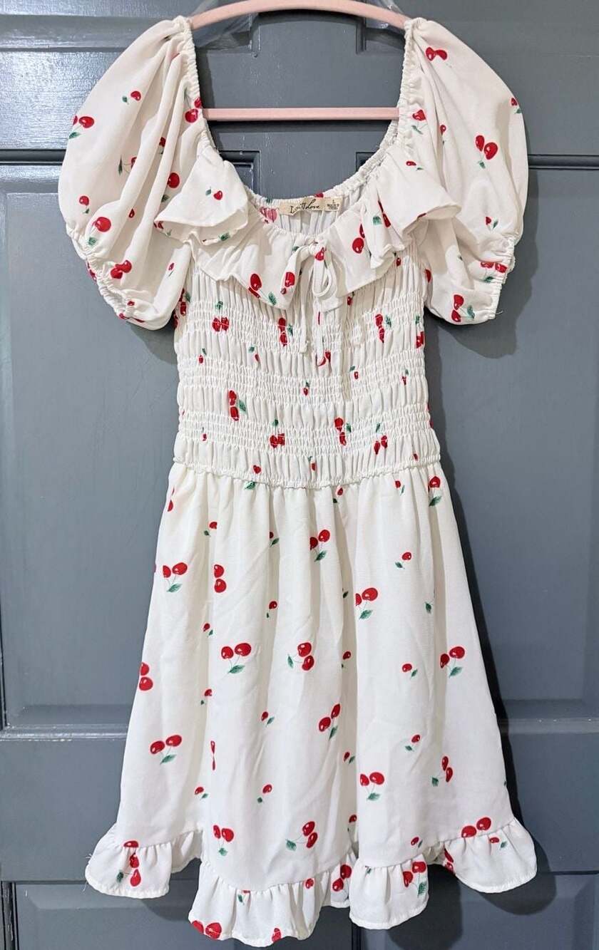 Liberty Love Cherry Print Smocked Milkmaid Dress with Puff Sleeves